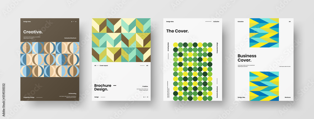 Naklejka premium Company identity brochure template collection. Business presentation vector A4 vertical orientation front page mock up set. Corporate report cover abstract geometric illustration design layout bundle.