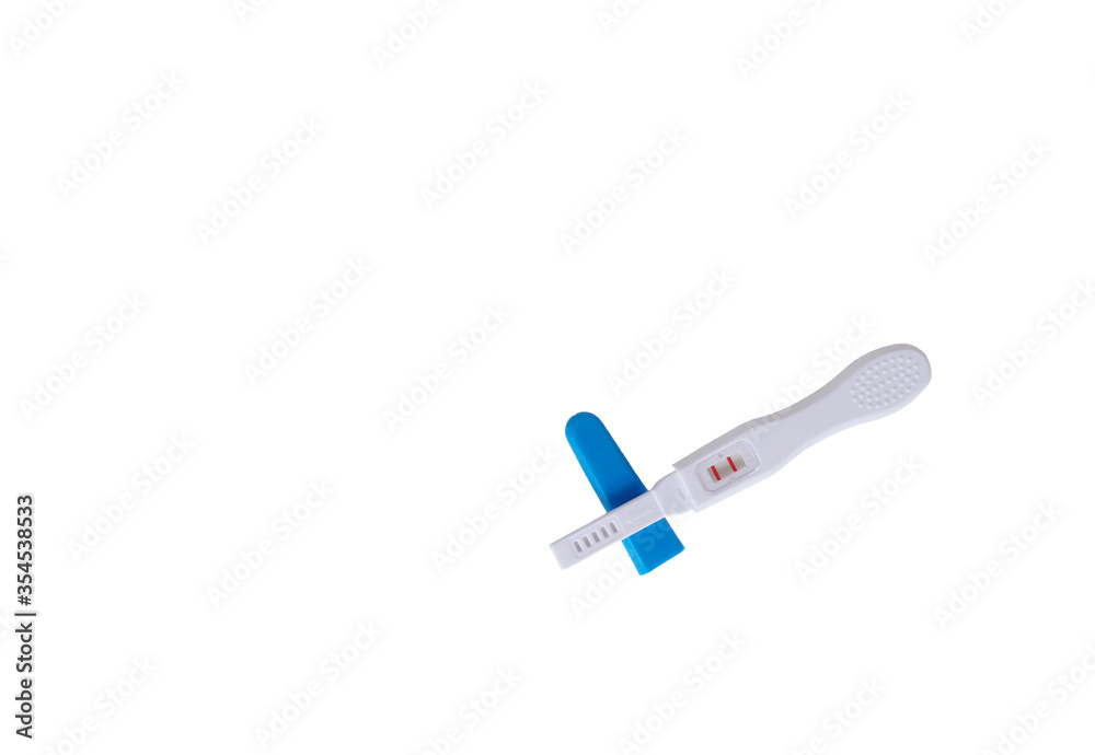 White pregnancy screening device with a blue lid The result shows two matches. Indicate the result symbol is pregnancy On a white background White pregnancy screening device with a blue lid The result shows two matches. Indicate the result symbol is pregnancy On a white background