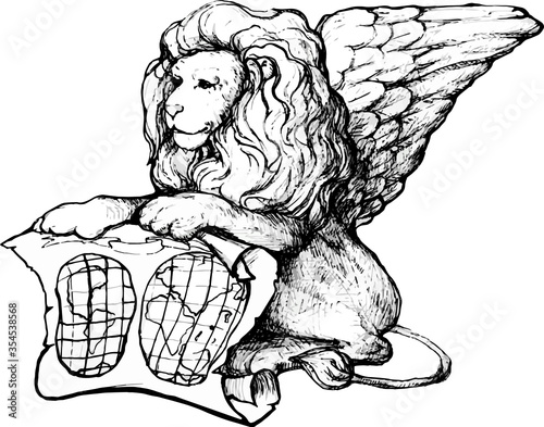 mythical lion with wings sitting on its hind legs and holding a world map
