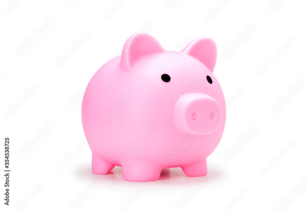 piggy bank for saving money isolate on white with clip path, best for die cut. pink pig doll side view for save coin real photo image  on white background.
