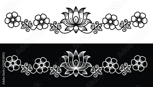 Border design concept of lotus flower with leaves and petals isolated on black and white background