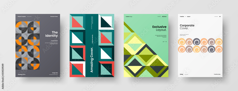 Obraz premium Company identity brochure template collection. Business presentation vector A4 vertical orientation front page mock up set. Corporate report cover abstract geometric illustration design layout bundle.