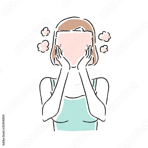 ホットタオルで顔を温めている若い女性のイラスト。