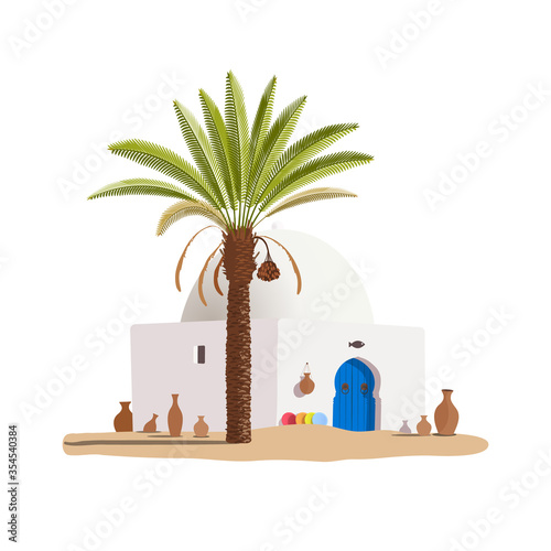 Tunisia. Old town with traditional houses and palms in the background. Souvenirs. Postcard with views of nature. 