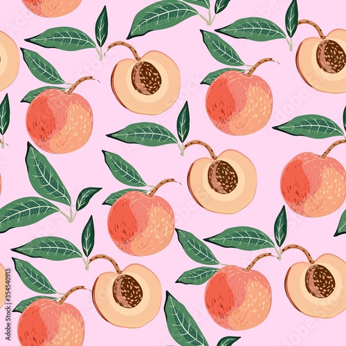 Fruits of peaches and apricot trees with green leaves on a light beige, pale pink background. Seamless vector floral pattern. Square repeating design for fabric and wallpaper