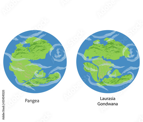 Vector Earth illustrations of continental drift, flat globe icons with supercontinents: Pangea, Laurasia, Gondwan (Paleozoic and Mesozoic eras). photo