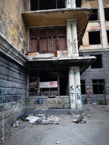 abandoned building, with broken windows, hospital