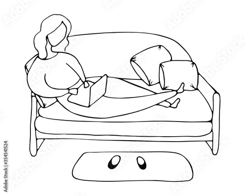 Isolated hand drawn vector illustration of student or worker with laptop on quarantine on sofa in doodle style. Online education, freelance in home office.