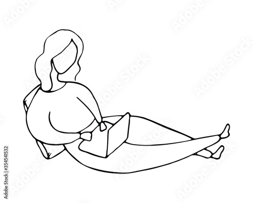 Isolated hand drawn vector illustration of student or worker with laptop on quarantine in doodle style. Online education, freelance in home office.