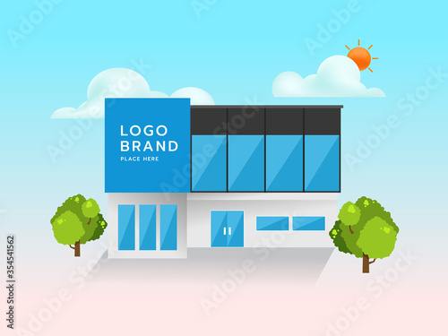 Modern vector building with sky, sun and tree in background. Vector illustration.