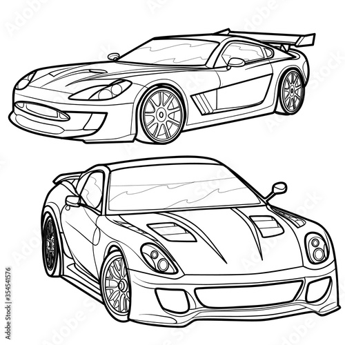 set of sports car sketches, coloring book, isolated object on white background, vector illustration,
