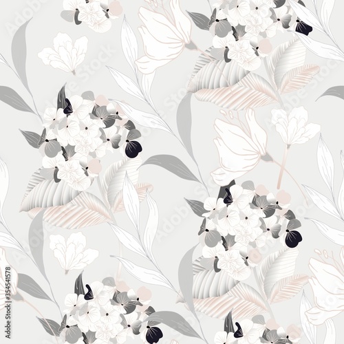 Abstract drawing of lilac flowers and leaves on a sage grey color background....