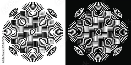 Indian Traditional and Cultural Mandala Rangoli design concept of vector line art is isolated on Black and white background 