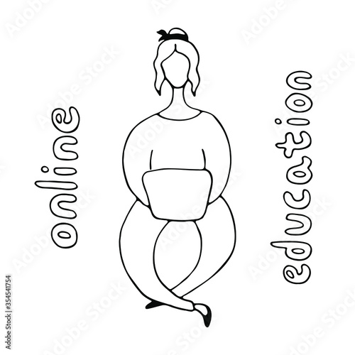 Isolated hand drawn vector illustration of student or worker sitting on the floor on qurantine in doodle style. Online education, freelancer in home office.