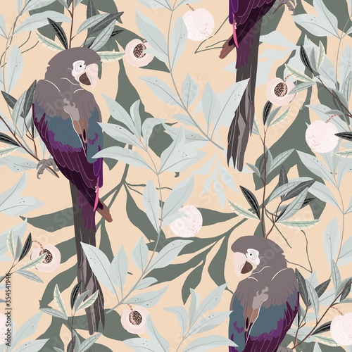 A red macaw parrot sits on a branch of a peach tree, among green leaves and ripe fruits on a white background. Seamless vector art pattern. 