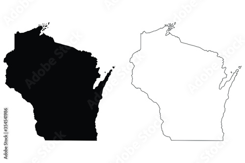 Wisconsin WI state Map USA. Black silhouette and outline isolated maps on a white background. EPS Vector photo