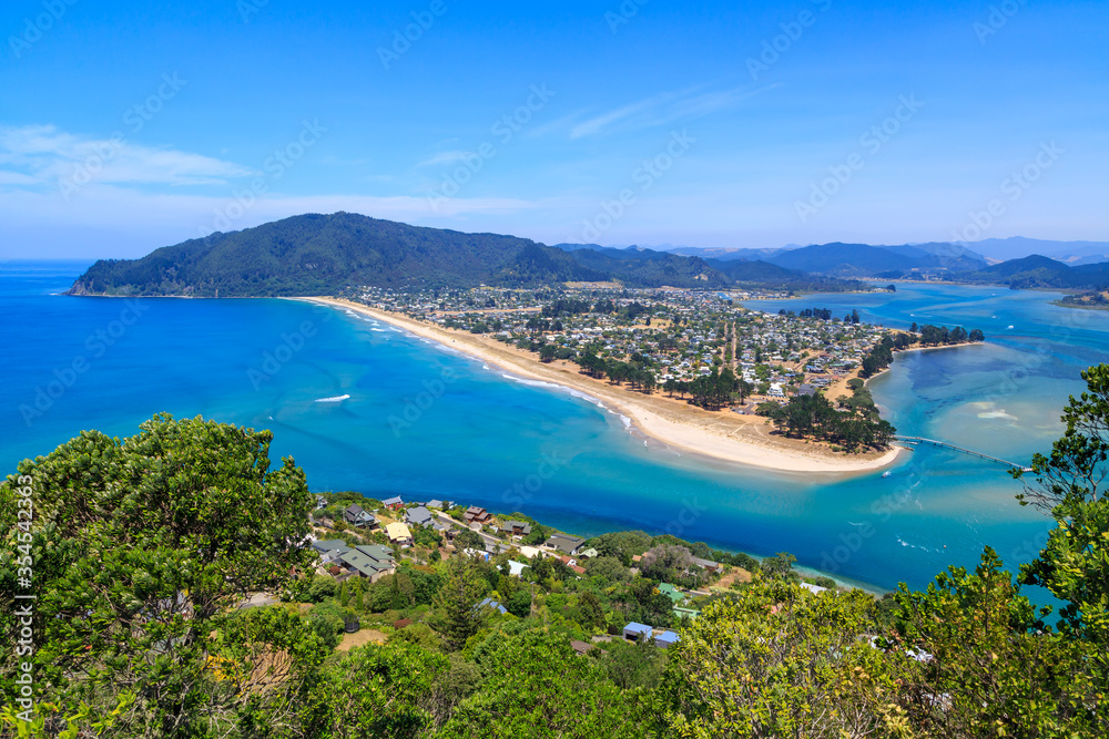 Panoramic view of Pauanui, a holiday town on the Coromandel Peninsula, New Zealand, seen from Mount Paku