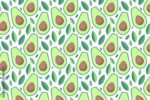 Avocado pattern. Bright green avocado with leaves on white background