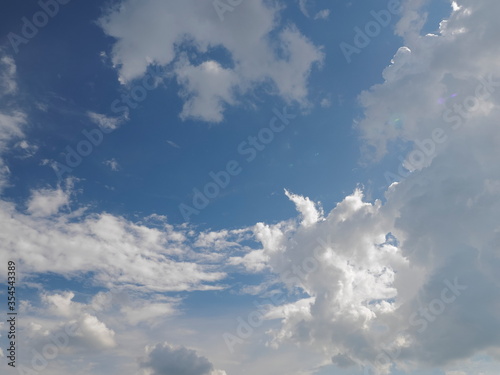 ant s eye view of fat white clouds moving with blue sky background.