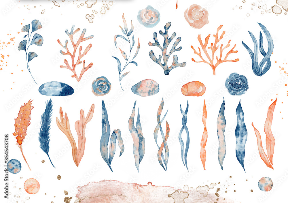 Ταπετσαρία Watercolor set of isolated objects drawing blue and pink algae and corals