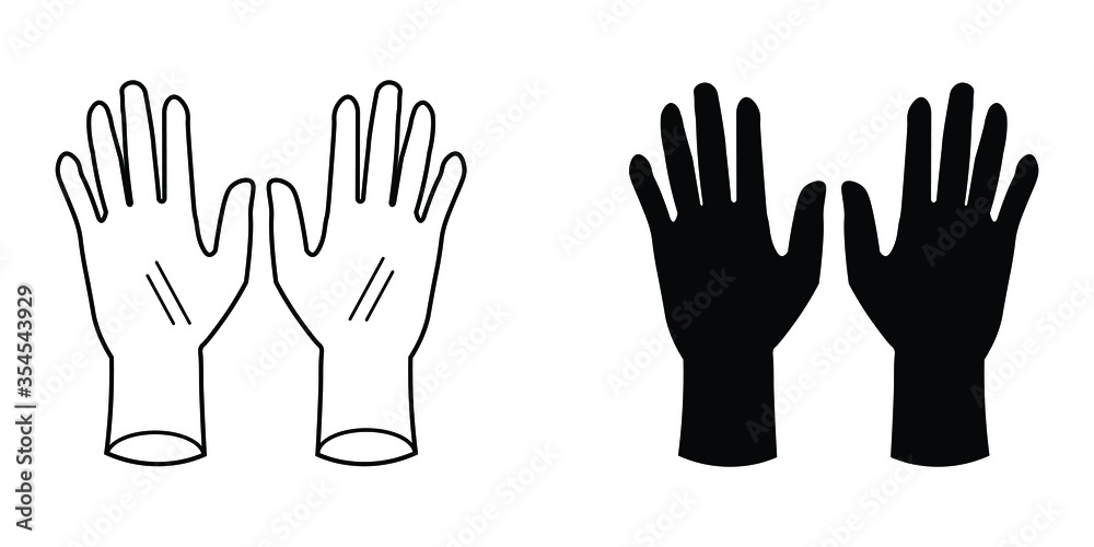 Gloves Set. Two black silhouette and outline gloves. PPE for Covid-19. EPS Vector Icon