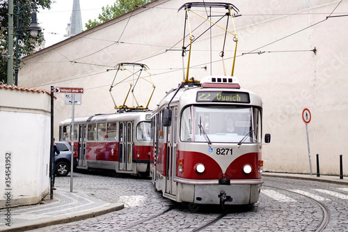 Prague, Czech Republic. CIRCA OCTOBER 2019. Public transport, rail and red old trams system in Europe. 