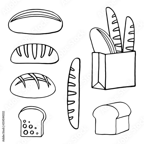 Vector outline set of bread - loaf, french baguette, sourdough, toast, a paper bag of bread for a bakery. Doodle bread isolated on a white, background