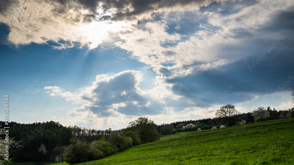 Obraz premium Germany, Magical light and shadow of sunrays behind clouds over green pasture and trees at the edge of the forest of black forest nature scenery