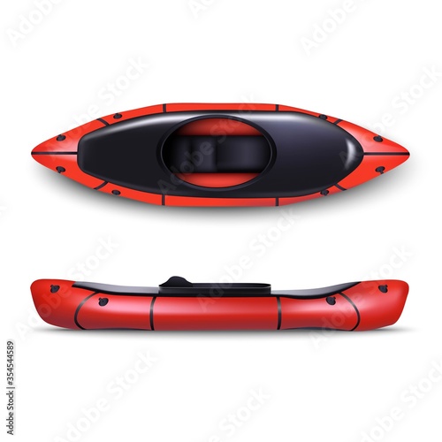 3d realistic vector red raft in top and side view. Isolated on white background.