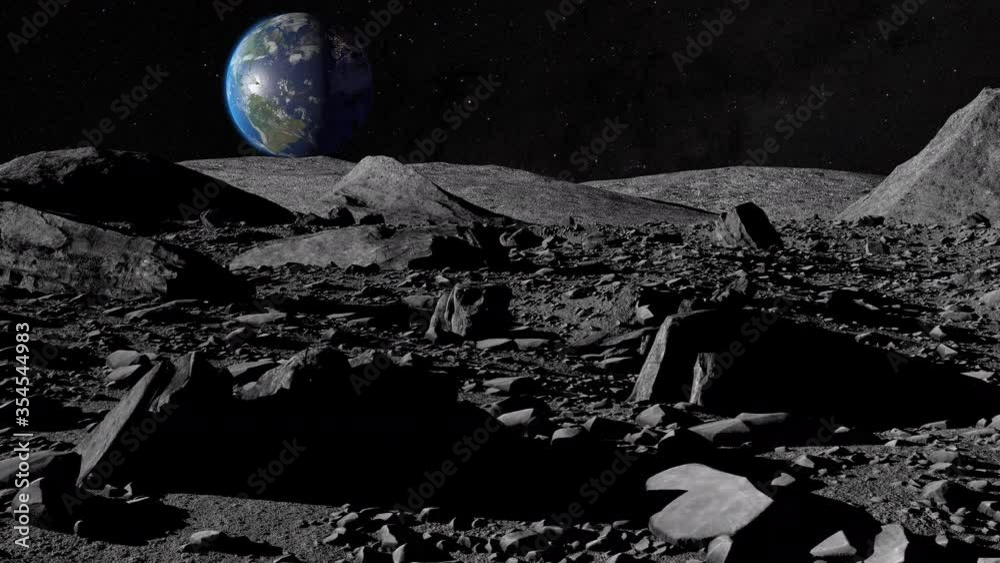 3D animation: dolly forward above rocky moon lunar surface with earth and stars in background