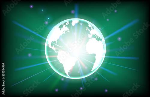 Earth planet with light rays and glowing light effects. Abstract poster design.