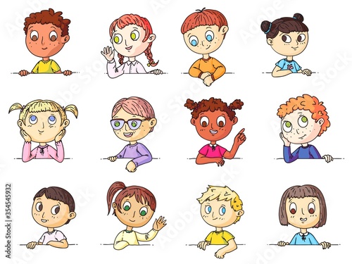 Kids portraits. Cute multi-ethnic children gesturing and waving hands peeking over empty banner set. Smiling and pensive kids people portrait face expressions collection. Childhood emotions