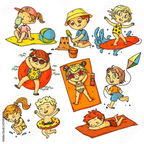 Kids summer vacation. Children beach activities set. Happy kids people swimming in ocean, sunbathing, surfing, building sand castle, flying kite collection. Childhood summer vacation activities