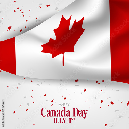 Canada day background. July 1st national holiday. Banner or advertising poster. Waving Canadian flag with maple leaf. Vector illustration.