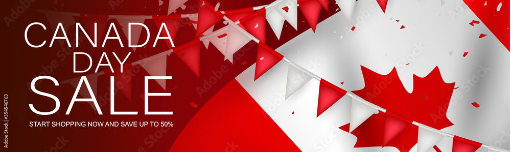 Canada day sale banner or header background. July 1 national holiday. Canadian flag with maple leaf and red bunting. Vector illustration. - obrazy, fototapety, plakaty 