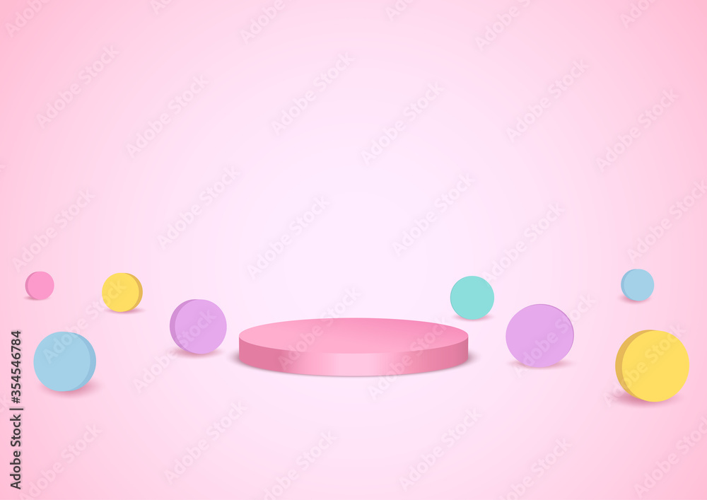 Illustration vector 3d style of pastle circle with podium stand on pink background.