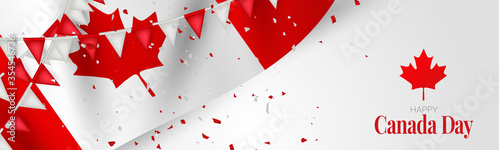 Canada day banner or header background. July 1st national holiday. Waving Canadian flag with maple leaf. Vector illustration.