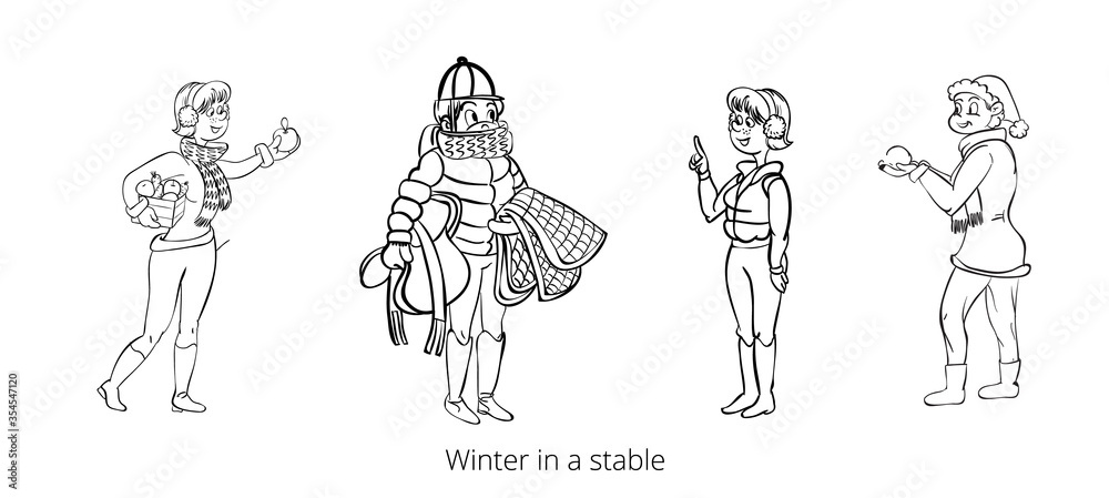Horse pattern design. Horse girl character in winter warm cloth isolated. Horse pattern design. Horse girl character in winter warm cloth isolated.