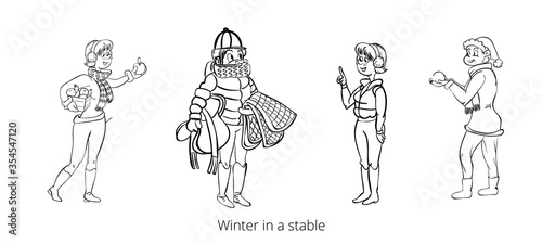 Horse pattern design. Horse girl character in winter warm cloth isolated.
