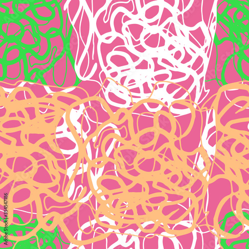 Seamless vector pattern with abstract curls in trendy colors. Swirled brush strokes. Colored freehand scribbles, abstract background. Brushstrokes, smears, lines, squiggle pattern. 