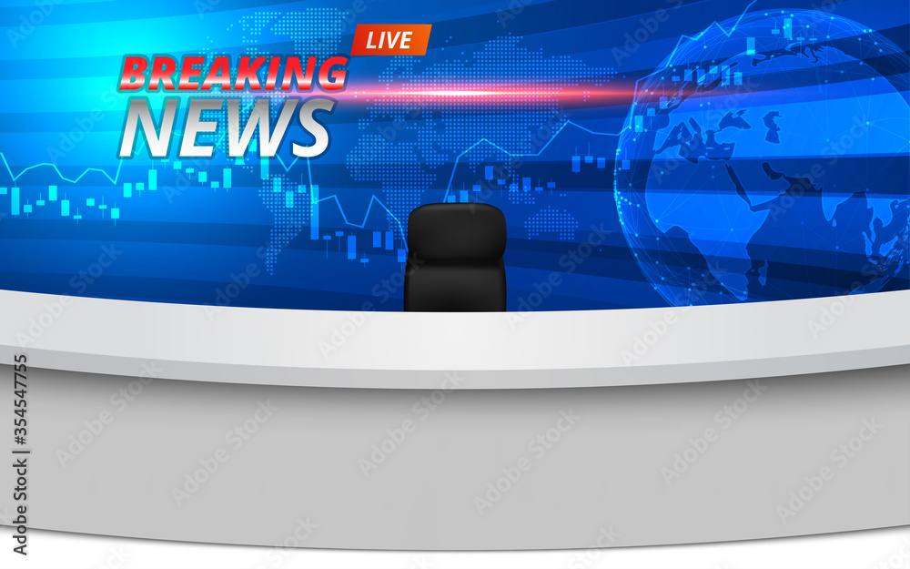 White Table And Chairs With Breaking News Live On Lcds Background In The News Studio Room Stock Vector Adobe Stock