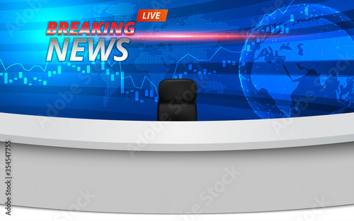 white table and chairs with breaking news live on lcds background in the news studio room
