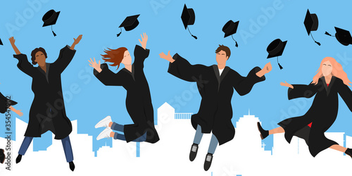 Seamless border with happy graduate students in graduation clothing jumping and throwing the mortarboard high into the air. City and sky background. Flat vector illustration