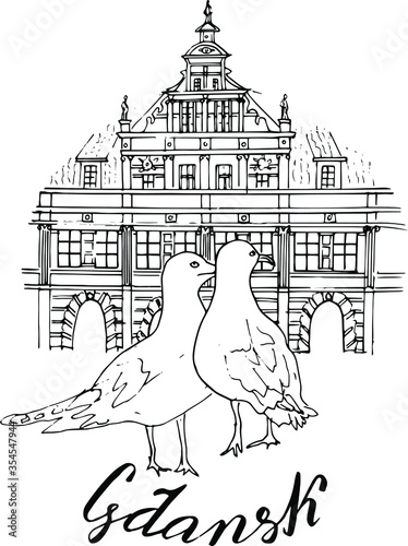 Seagulls on the background of the old city of Gdansk. Vector illustration. Hand-drawn.Handwritten inscription "Gdansk". for design or coloring for children and adults.