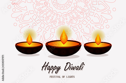 Happy Diwali greeting card with mandala and lamps color concept on white background. India festival of lights holiday invitations template, banner, card, postcard. Vector illustration.