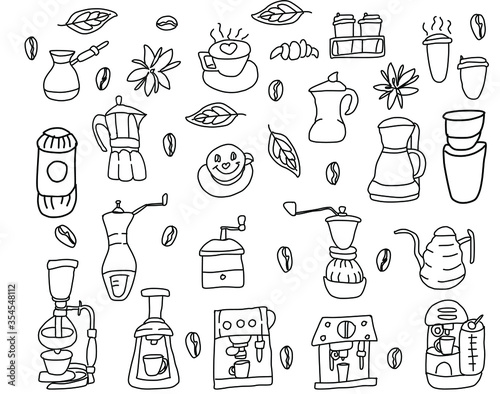 Cute Vector pattern in Doodle style. Set of turkeys, mugs, seeds, leaves, flowers of coffee and coffee makers. For design, menu, cafe, wrapping paper. Coloring book-recreation for children and adults.