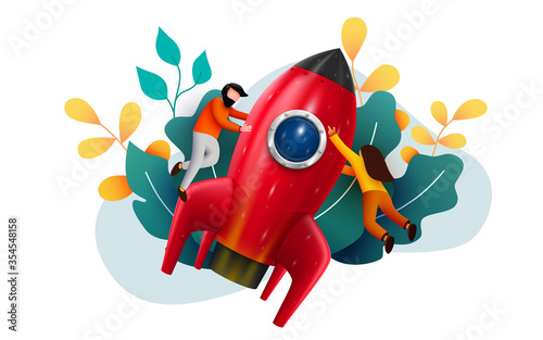 People flying around big rocket. Startup and starting business concept. Web page, banner, presentation. Business project startup process, idea through planning.