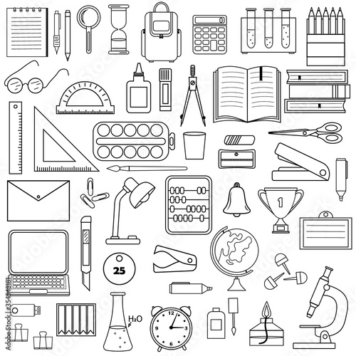 Set of stationery and school supplies in the Doodle style, black outline white background, vector illustration, isolated objects, design, decoration, coloring, icon
