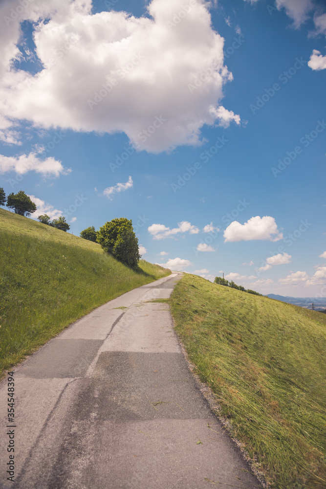 Asphalted steep mountain road on an Austrian mountain. Blue sky and green meadow, summer time