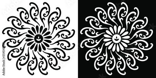 Beautiful Indian traditional and Cultural Rangoli mandala design concept of flora art isolated on black and white background 